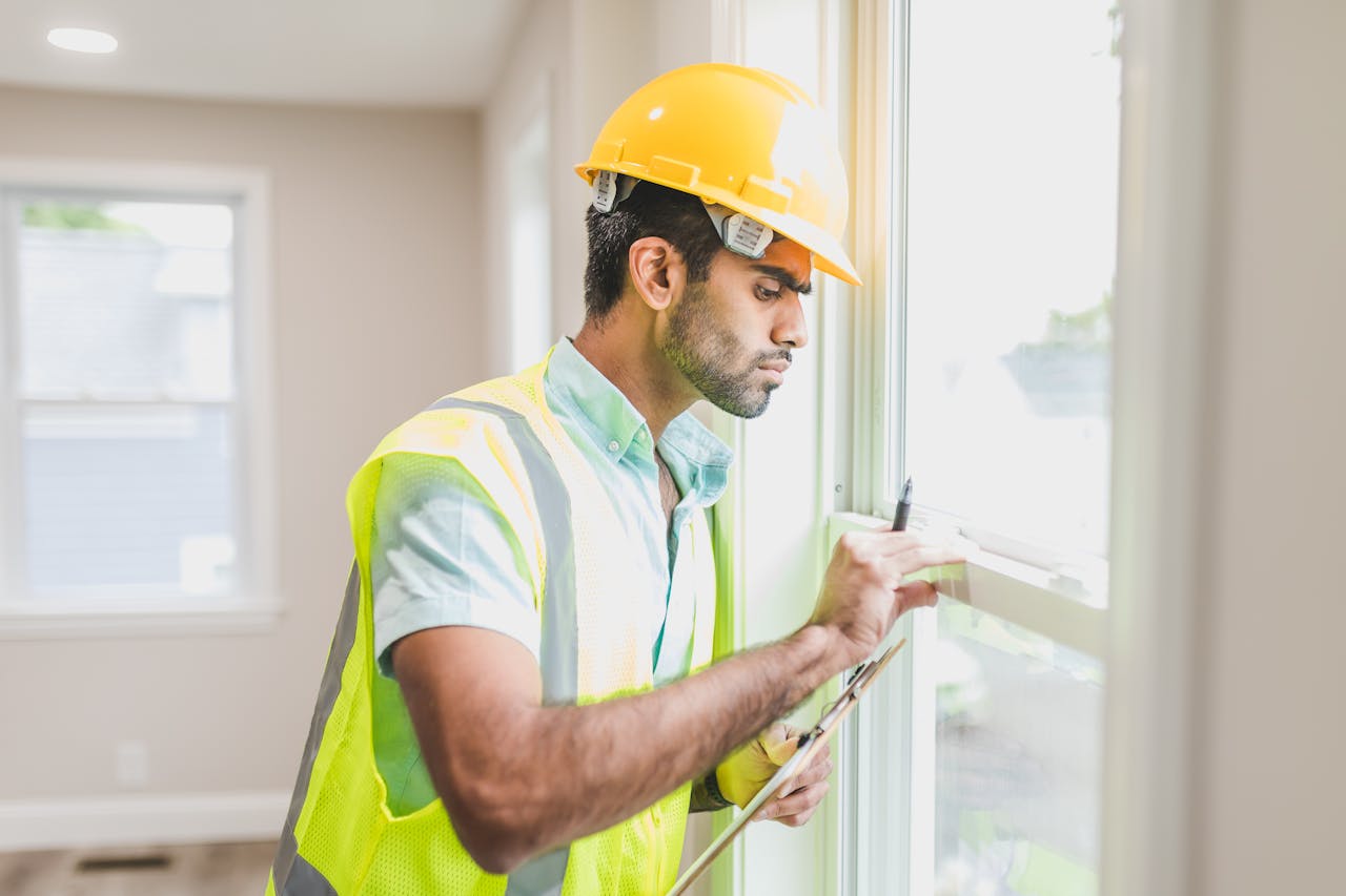 person with hard hat inspects windows